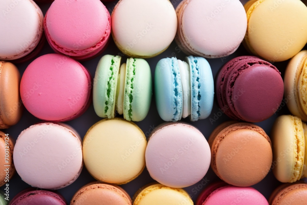 Obraz premium A vibrant array of pastel macaroons entice with their sweet confectionery charm