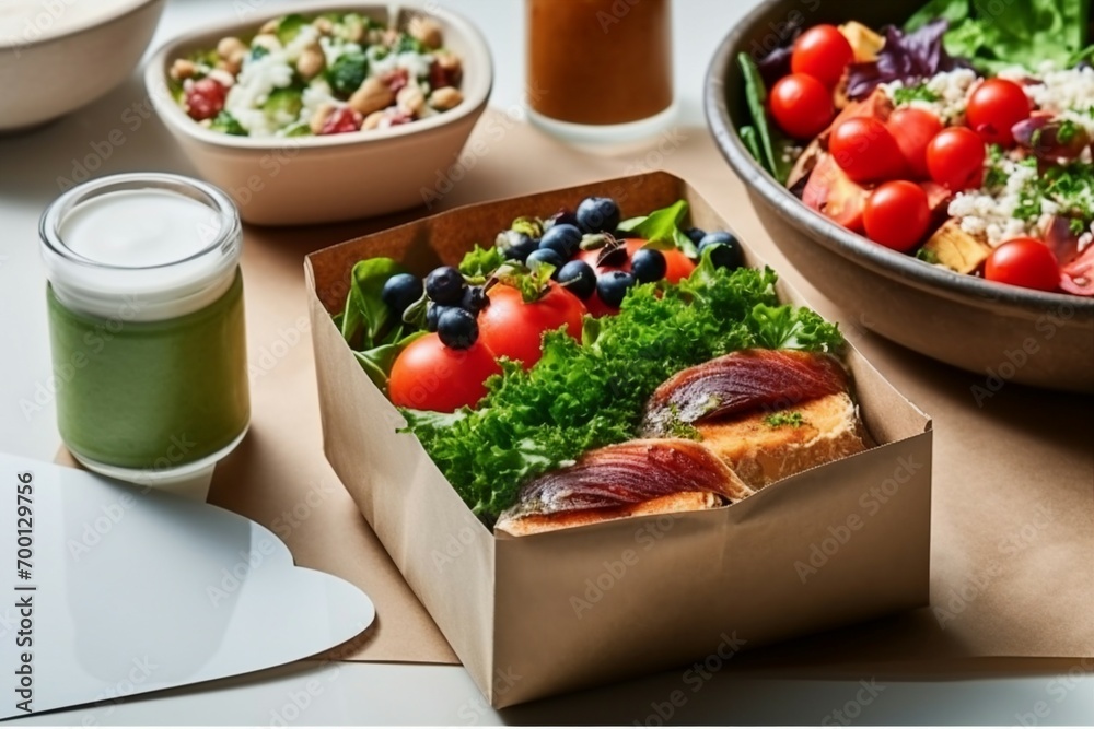Shopping or delivery healthy food background. Healthy vegan vegetarian food in paper bag vegetables and fruits on green, copy space. Food supermarket and clean vegan eating concept. genearative ai.