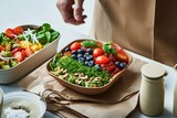 Shopping or delivery healthy food background. Healthy vegan vegetarian food in paper bag vegetables and fruits on green, copy space. Food supermarket and clean vegan eating concept. genearative ai.