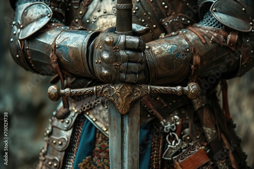 Close-up of a medieval knight's hands holding a battle-worn sword, with intricate armor details.