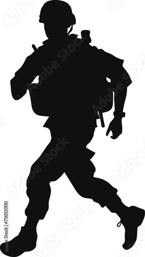 illustration of a running soldier, black and white drawing, white background. AI generated illustration. © Emil
