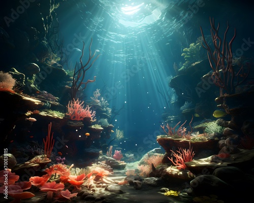 Underwater view of the coral reef. 3d render illustration.