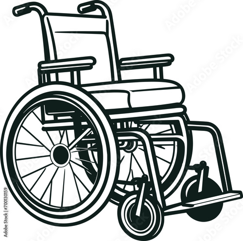 Empty walk pram carriage device on white background. Outline black ink hand drawn healthcare therapy object. Web logo pictogram concept. AI generated illustration.