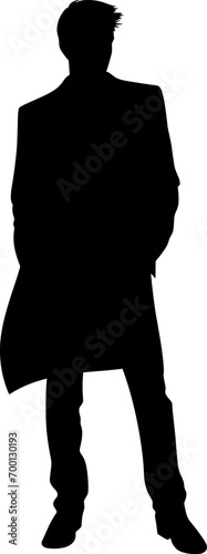 Vector silhouette of a man in a business suit standing, black color isolated on white background. AI generated illustration.