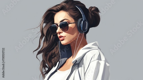 A painting of a woman wearing headphones and sunglasses