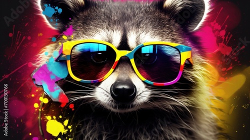 A raccoon wearing sunglasses on a colorful background