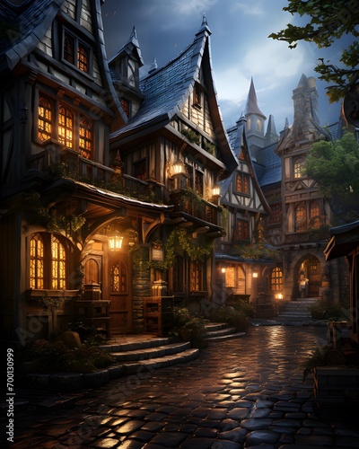 Old town at night - 3D render  3D illustration.