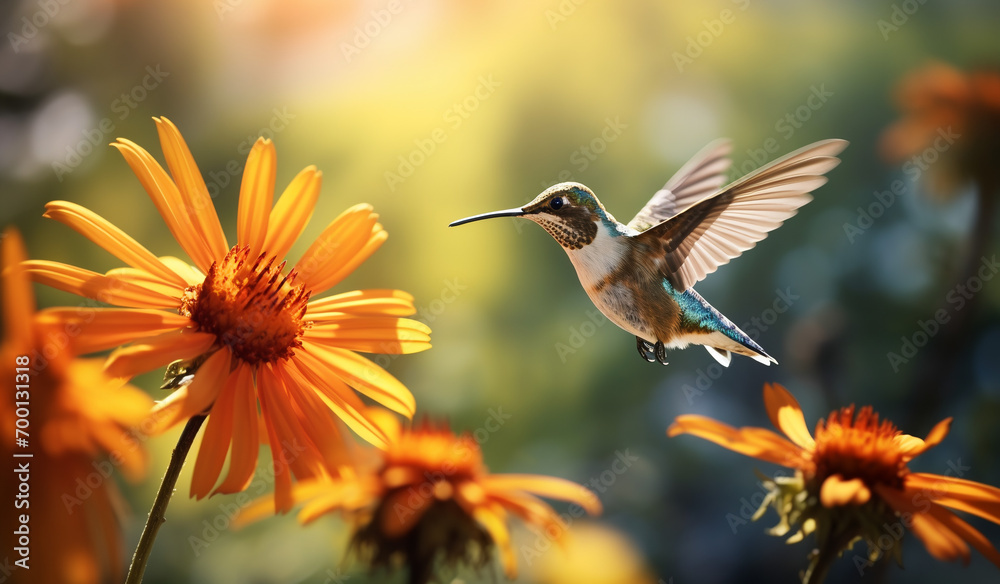 Fototapeta premium A humming bird flying over a flower. Generative AI 