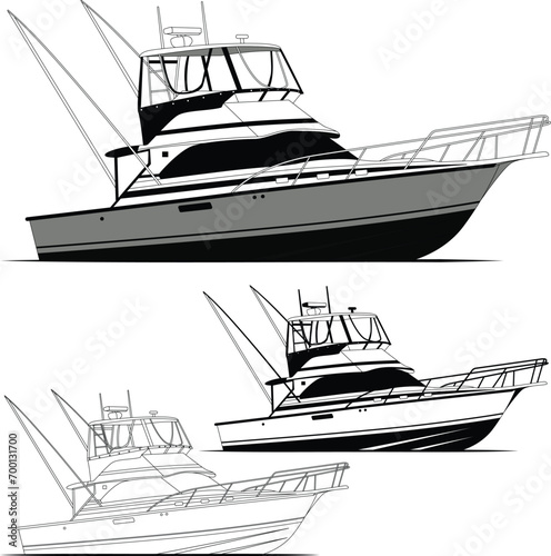 Vector, line art, and color image of a fishing boat on a white background.