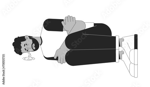 Emotional breakdown man lying curled up black and white 2D line cartoon character. Depressive african american male isolated vector outline person. Heartbroken monochromatic flat spot illustration