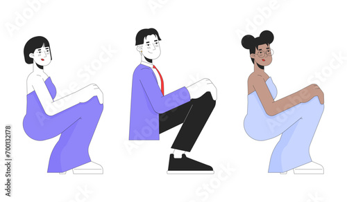 Prom girls and boy 2D linear cartoon characters set. Diverse young adult isolated line vector people white background. High school graduation party color flat spot illustrations collection