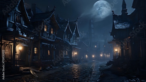 Mysterious night in the old town. Halloween concept. 3D Rendering