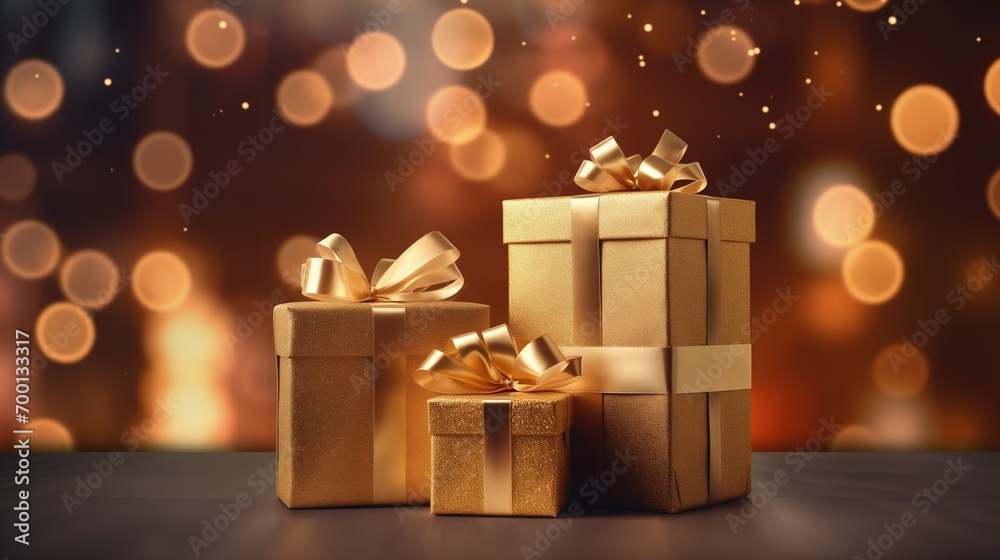 Golden present box on blur background. Present box with blur Golden present box on blur background. Present box with blur