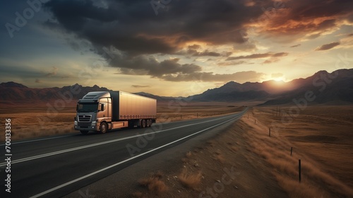 Delivery truck on a road on freeway. Delivery truck driving on a road. Side view