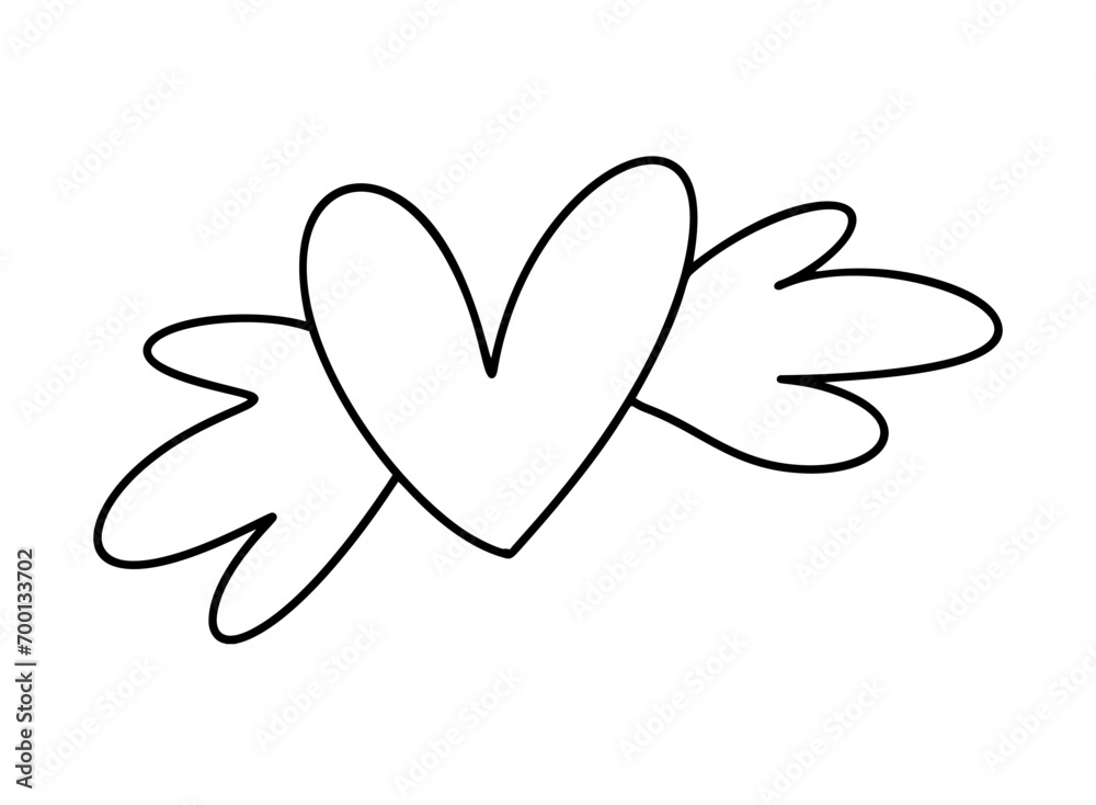 Hand drawn love heart with wings vector logo line illustration. Black outline. Element Monoline for Valentine Day banner, poster, greeting card Hand drawn love heart with wings vector logo line illustration. Black outline. Element Monoline for Valentine Day banner, poster, greeting card