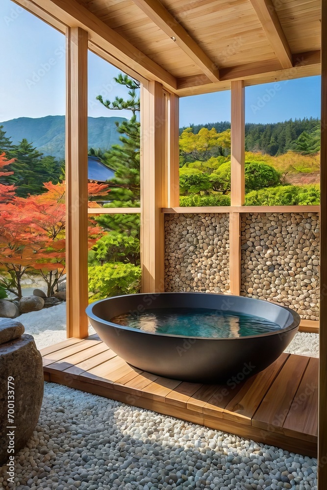 Hinoki wood Japanese soaking tub set on pebble flooring next to a stone