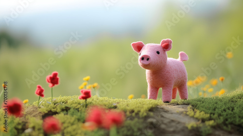 Porco rosa feito de feltro no campo - Ilustração fofa © vitor