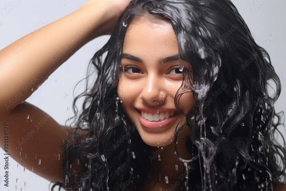 young happy indian woman washing hair with shampoo