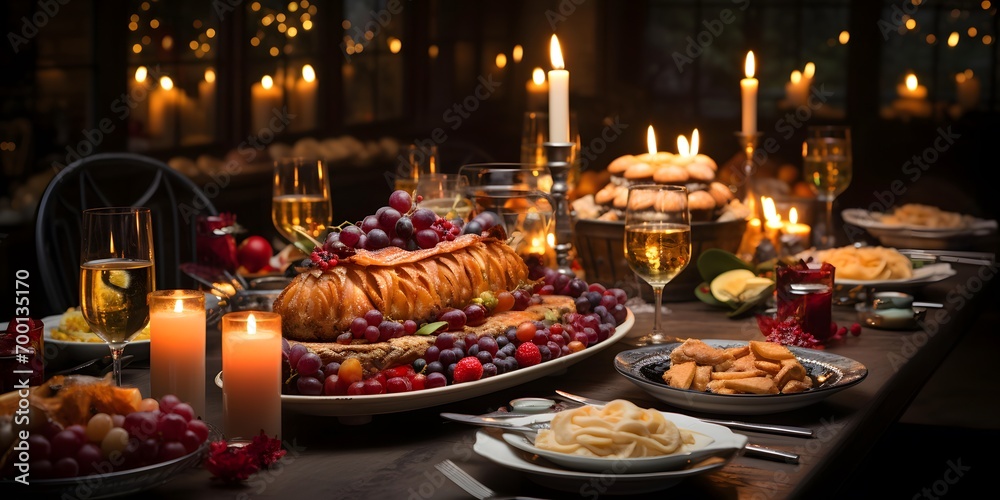 Festive table with a variety of food. Selective focus. Holiday.