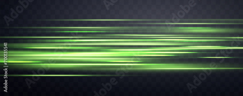 Speed rays, velocity light neon flow, zoom in motion effect, green glow speed lines, colorful light trails, stripes. Abstract background, vector illustration