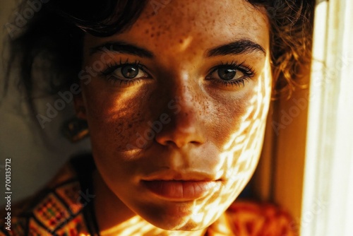 A close-up of a woman's intense gaze, with shadow patterns across her face.