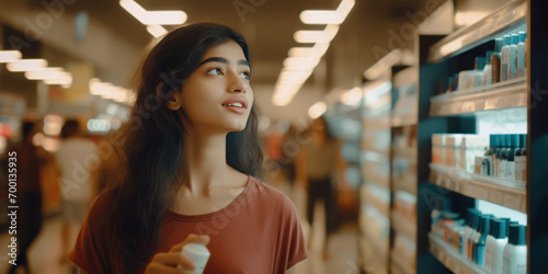 young indian woman standing at skincare store