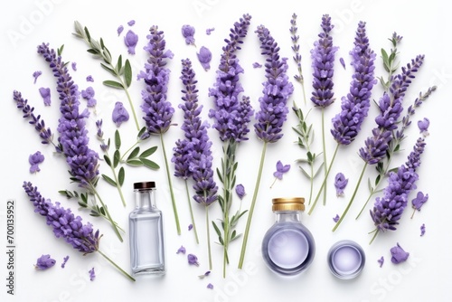 Lavender sprigs intermingled with beauty tubes and jars on a bright white flat lay backdrop. photo