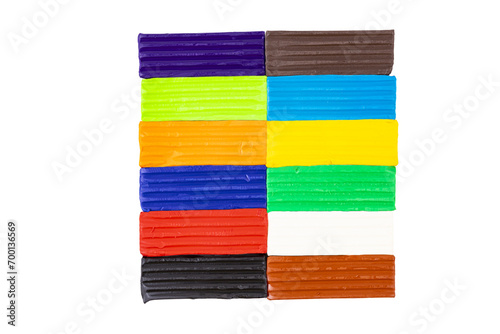 Multicolored plasticine, kids plasticine in the form of cubes and strips. Transparent background. PNG