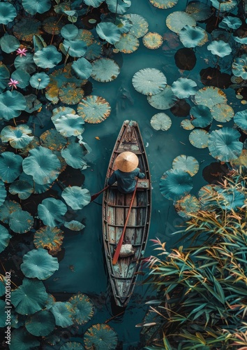 a boat with man with hat surrounded by lotus s lily pads, generated with AI