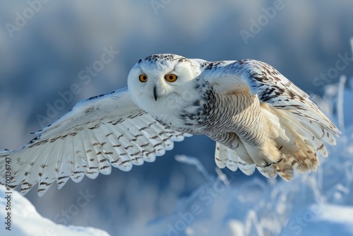 A snowy owl in flight against a winter landscape, generated with AI