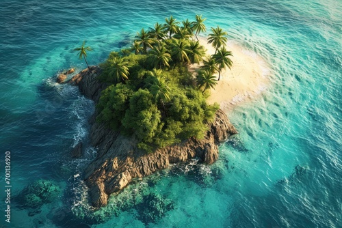 An island in the middle of a stunning beach of white sand  turquoise waters  rocks and palm trees  generated with AI