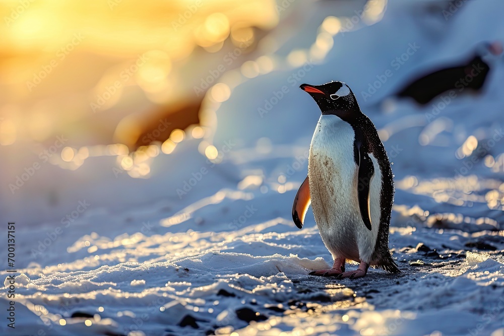 Obraz premium Landscape photography of a pinguin on the banquise at golden hour, generated with AI