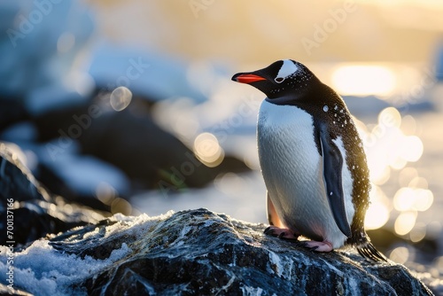 Landscape photography of a pinguin on the banquise at golden hour  generated with AI