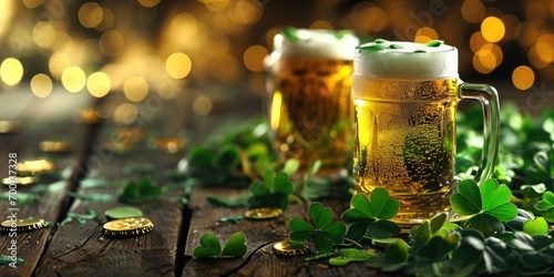 Saint Patrick's day with Irish bar banner with pint of beer with clover on top, generated with AI