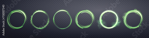 Glowing green magic ring . Neon realistic energy flare halo ring. Abstract light effect on a dark transparent background. Vector illustration.