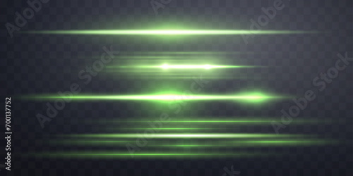 Green horizontal lensflare set. Isolated on transparent background. Sun flash with rays spotlight and bokeh. Green glow flare light effect. Vector illustration.