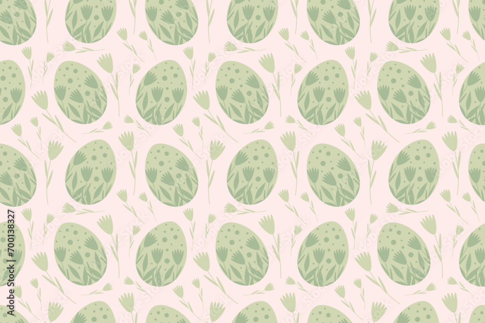 Seamless Easter pattern. Green eggs, plants, flowers on a light pink background. Pastel colors, spring mood. Modern vector illustration for holiday design Seamless Easter pattern. Green eggs, plants, flowers on a light pink background. Pastel colors, spring mood. Modern vector illustration for holiday design