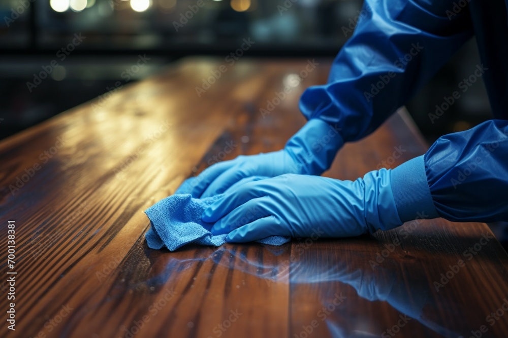 Blue gloved hand caresses the table, ensuring pristine cleanliness - obrazy, fototapety, plakaty 