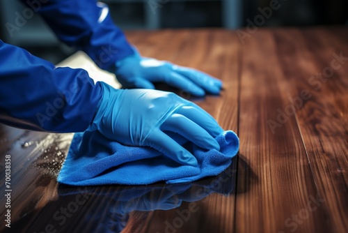 Blue gloved hand caresses the table, ensuring pristine cleanliness photo