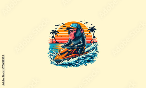 monkey playing jet ski on beach vector artwork design