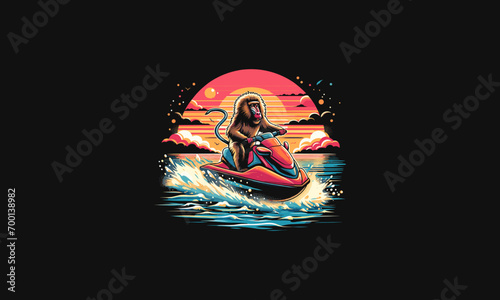 monkey playing jet ski on beach vector artwork design