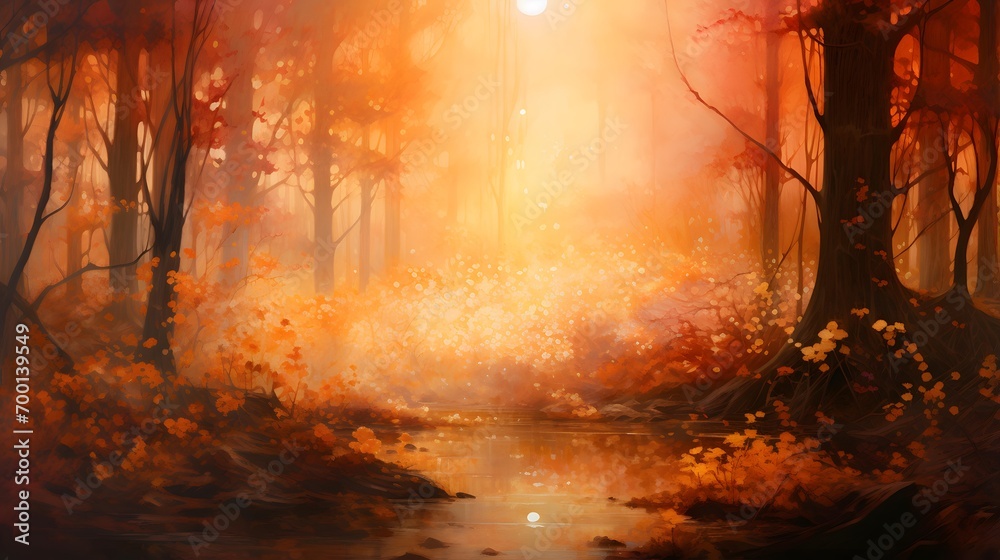 Autumn forest in the morning fog. Beautiful nature background. Panoramic view