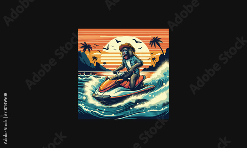 monkey playing jet ski on beach vector artwork design