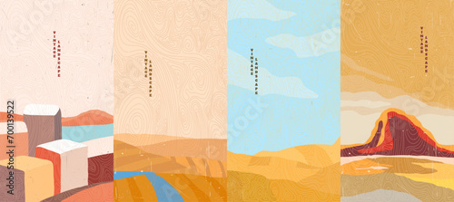 Vector illustration. Set of hand drawn abstract landscapes. Linear drawn texture. Mountain peak, desert hills, buildings. Colorful background. Asian style. Design for flyer, voucher, leaflet