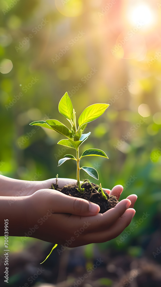 hand children holding young plant with sunlight on green nature ...