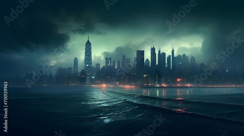 Panoramic view of New York City skyline at night  USA.