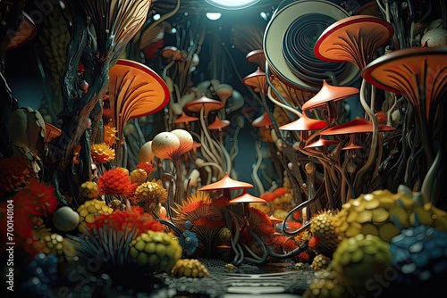 Abstract mushrooms in a mystic place generative AI