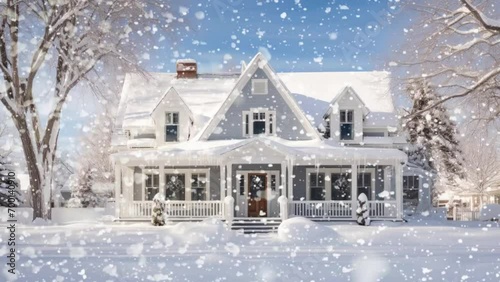 Winterized American home with snowy exterior. photo