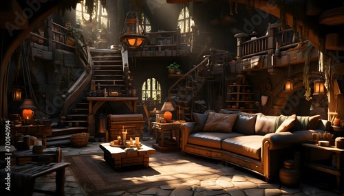 Interior of an old house with a fireplace and a wooden floor © Iman