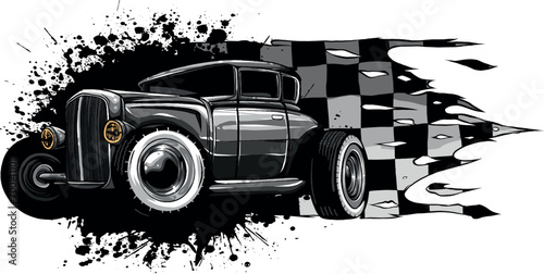 monochromatic illustration of hot rod car with race flag photo